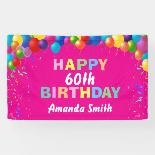 Happy 60th Birthday Colourful Balloons Hot Pink Banner