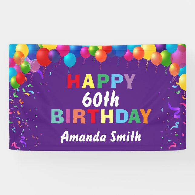 Happy 60th Birthday Colourful Balloons Purple Banner (Horizontal)