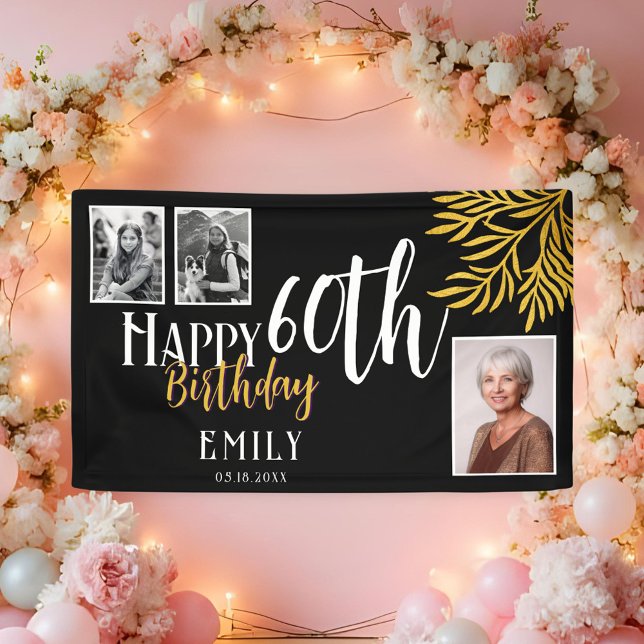 Happy 60th Birthday Gold Foliage 3 Photo Backdrop Banner (Creator Uploaded)