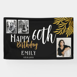 Happy 60th Birthday Gold Foliage 3 Photo Backdrop Banner