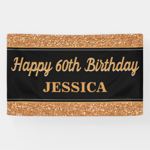 Happy 60th Birthday Gold Glitter Black Banner