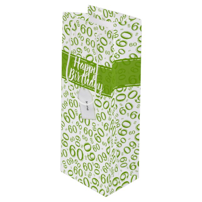 Happy 60th Birthday Green and White Number Pattern Wine Gift Bag (Front Angled)