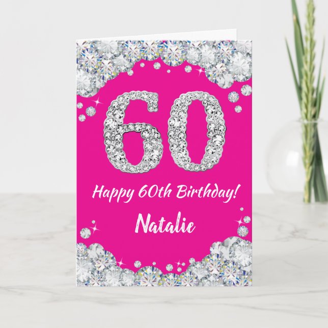 Happy 60th Birthday Hot Pink and Silver Glitter Card (Front)