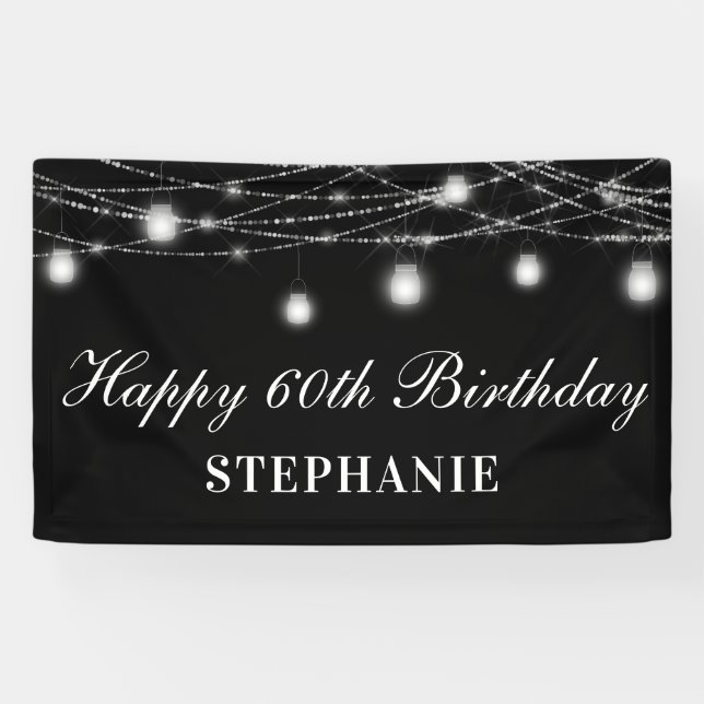 Happy 60th Birthday Mason Jars Lights Black White Banner (Horizontal)