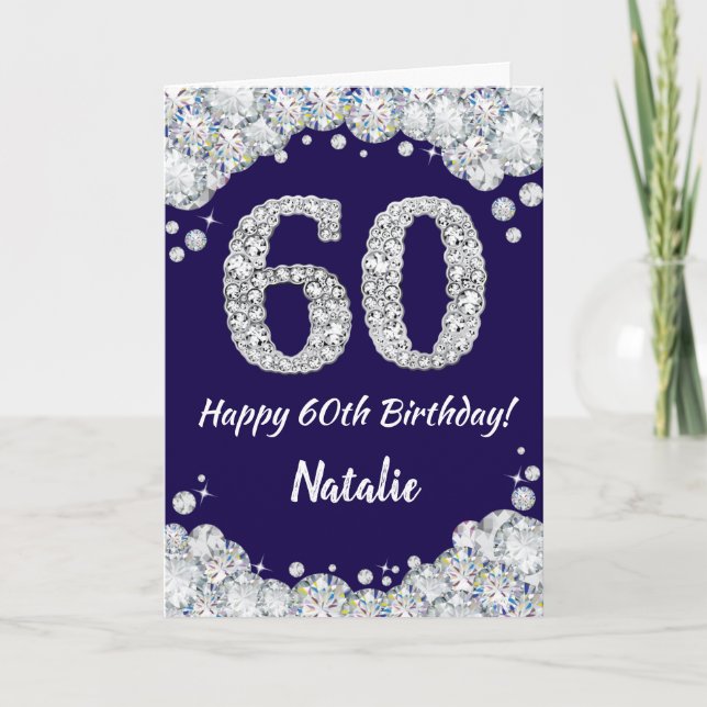 Happy 60th Birthday Navy Blue and Silver Glitter Card (Front)