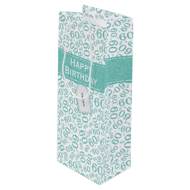 Happy 60th Birthday Number Pattern Teal/White Wine Gift Bag (Front Angled)