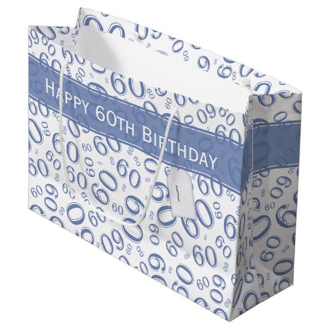 Happy 60th Birthday Party Pattern Blue and White Large Gift Bag (Front Angled)
