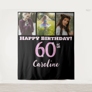 Happy 60th Birthday Party, Pink Glitter & 3 photos Tapestry