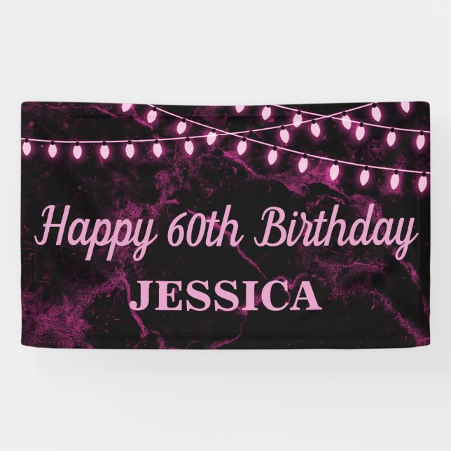 Happy 60th Birthday Pink Lights Black Banner (Horizontal)