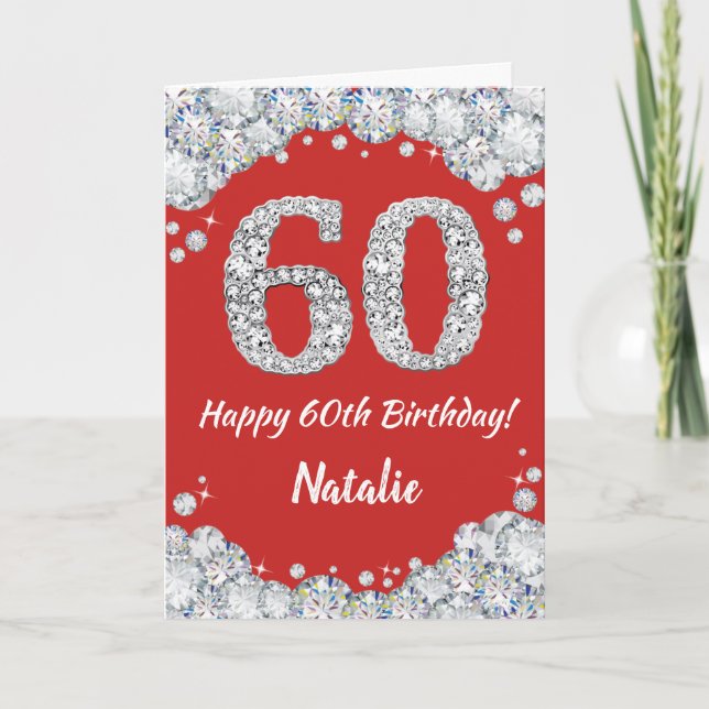 Happy 60th Birthday Red and Silver Glitter Card (Front)