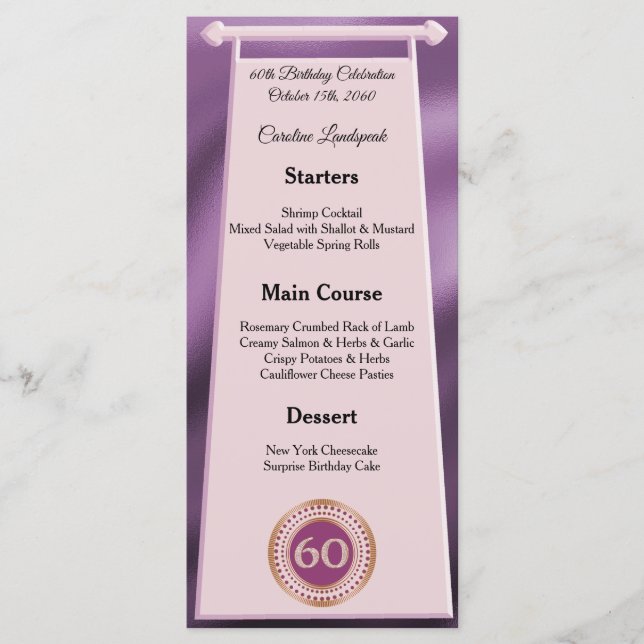 Happy 60th Birthday Rose Gold Glitter Foil Menu (Front)