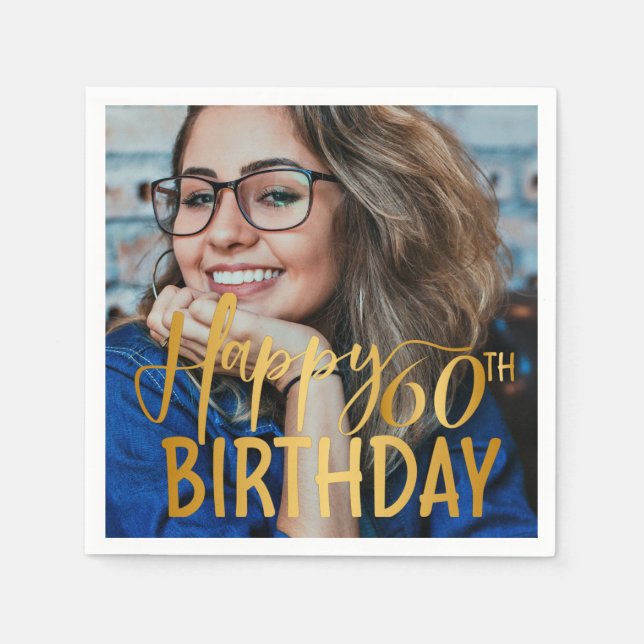 Happy 60th Birthday Script Personalised Photo Napkin (Front)