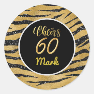 Happy 60th Birthday white gold theme Tiger theme Classic Round Sticker