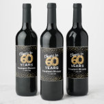 Happy 60th Birthday Wine Label<br><div class="desc">Personalised 60th birthday party wine bottle labels featuring a stylish black background that can be changed to any colour,  glamourous gold sparkly glitter,  sixty gold hellium balloons,  and a simple text template that is easy to personalise.</div>