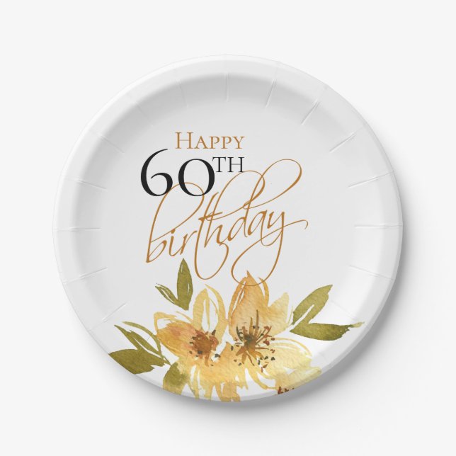 Happy 60th Birthday Yellow Flower Paper Plate (Front)