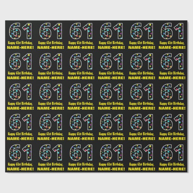 Happy 61st Birthday, Fun Colourful Stars Pattern 6 Wrapping Paper (Flat)