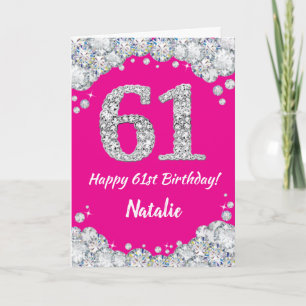 Happy 61st Birthday Hot Pink and Silver Glitter Card