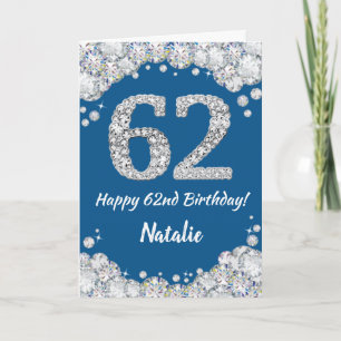 Happy 62nd Birthday Blue and Silver Glitter Card