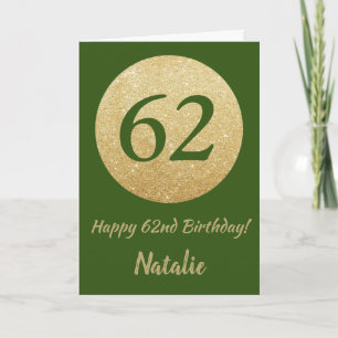 Happy 62nd Birthday Green and Gold Glitter Card