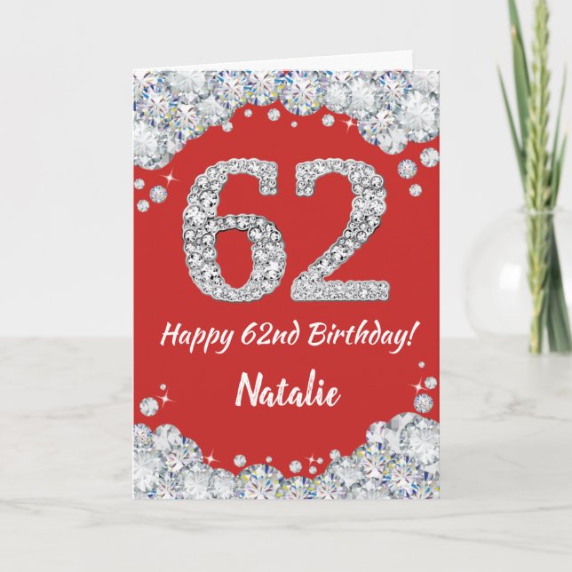 Happy 62nd Birthday Red and Silver Glitter Card (Front)