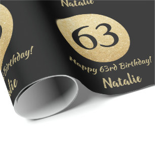 Happy 63rd Birthday Black and Gold Glitter Wrapping Paper