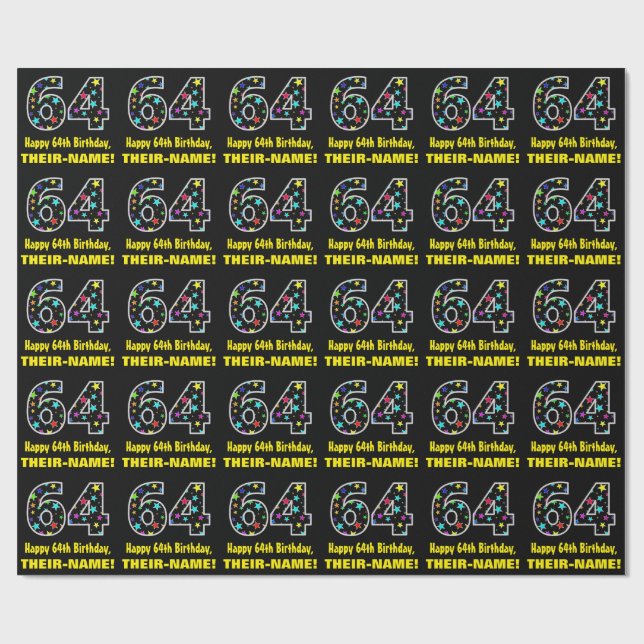 Happy 64th Birthday, Fun Colourful Stars Pattern 6 Wrapping Paper (Flat)