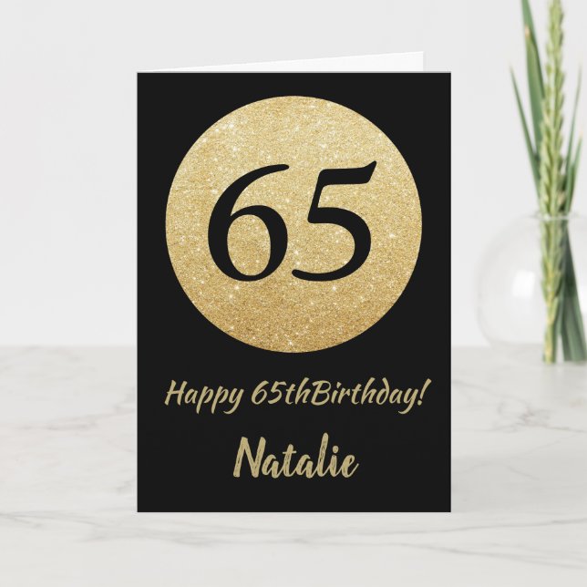 Happy 65th Birthday Black and Gold Glitter Card (Front)