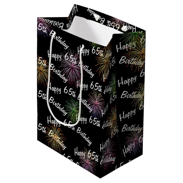 Happy 65th Birthday fireworks on black Medium Gift Bag (Front Angled)