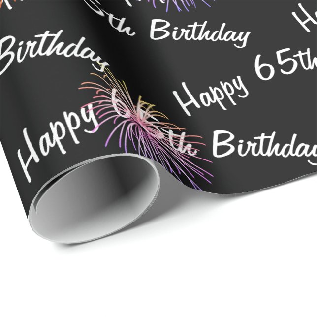 Happy 65th Birthday fireworks on black Wrapping Paper (Roll Corner)