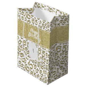 Happy 65th Birthday Gold and White Number Pattern Medium Gift Bag