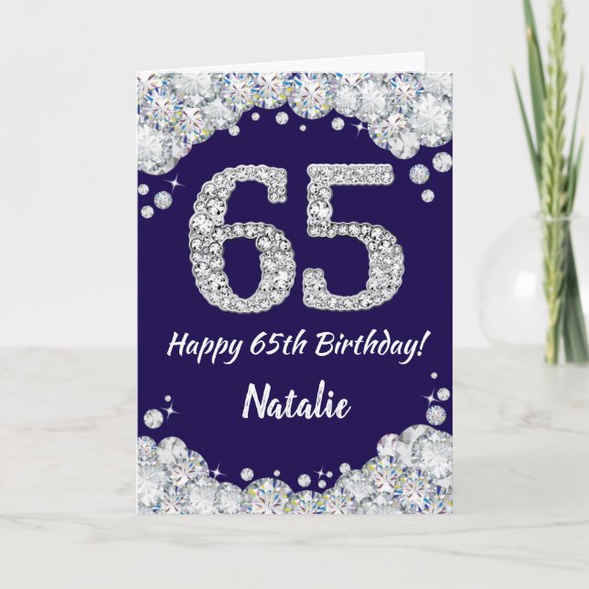 Happy 65th Birthday Navy Blue and Silver Glitter Card (Front)