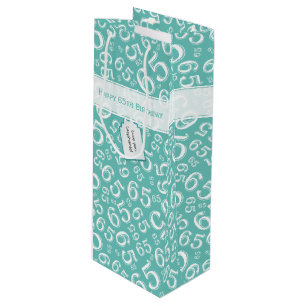 Happy 65th Birthday Number Pattern Teal and White Wine Gift Bag