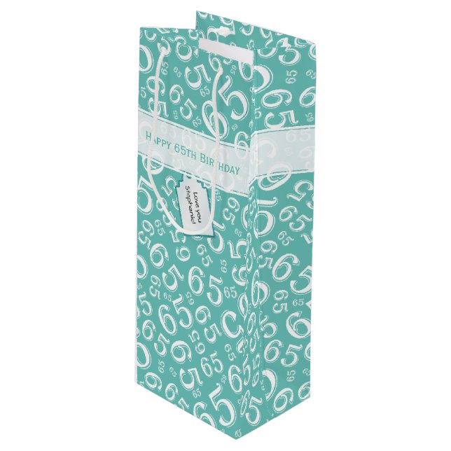 Happy 65th Birthday Number Pattern Teal and White Wine Gift Bag (Front Angled)