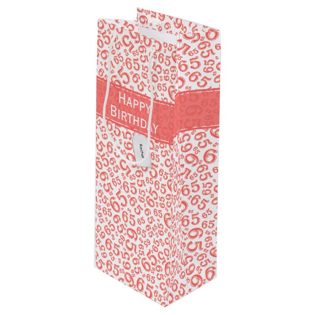 Happy 65th Birthday Party Coral Number Pattern Wine Gift Bag (Front Angled)
