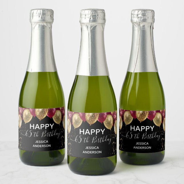 Happy 65th Birthday red and gold Sparkling Wine Label (Bottles)