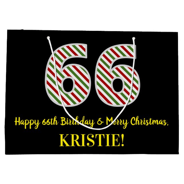 Happy 66th Birthday & Merry Christmas, Custom Name Large Gift Bag (Back)