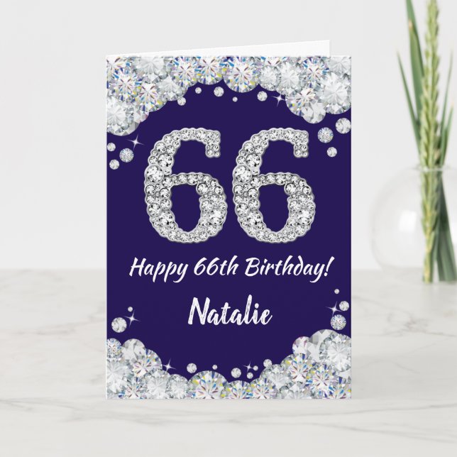 Happy 66th Birthday Navy Blue and Silver Glitter Card (Front)