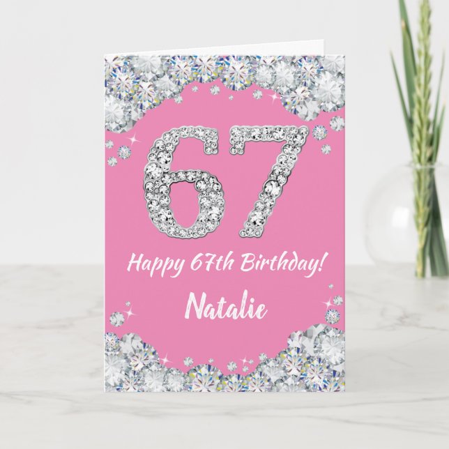Happy 67th Birthday Pink and Silver Glitter Card (Front)