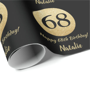 Happy 68th Birthday Black and Gold Glitter Wrapping Paper