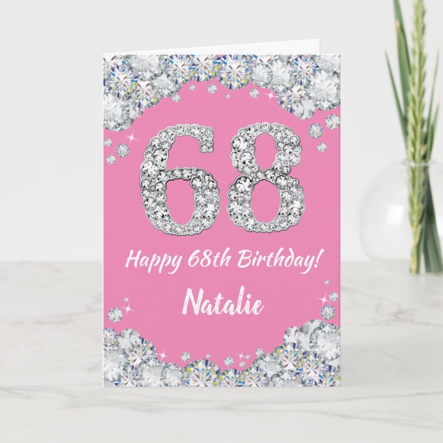 Happy 68th Birthday Pink and Silver Glitter Card (Front)