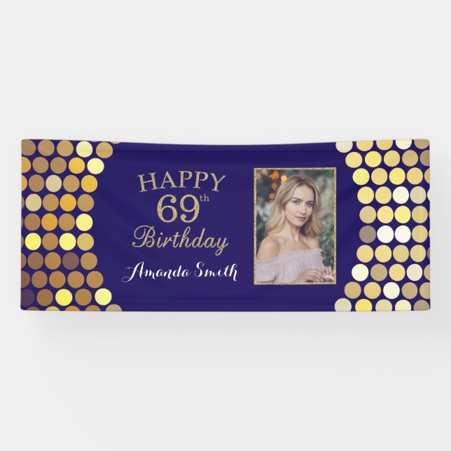 Happy 69th Birthday Banner. Navy Blue Gold Photo Banner (Horizontal)