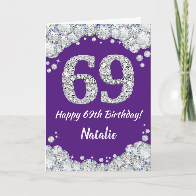Happy 69th Birthday Purple and Silver Glitter Card (Front)