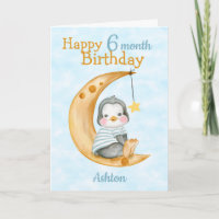 Happy 6 Month Birthday Penguin and Moon Blue