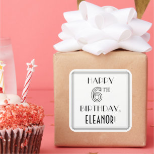 HAPPY 6TH BIRTHDAY, Art Deco Style, Custom Name Square Sticker