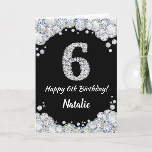 Happy 6th Birthday Black and Silver Glitter Card