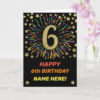 Happy 6th Birthday Black & Gold Rainbow Firework Card