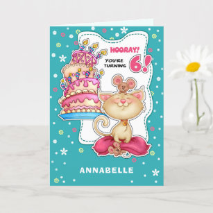 Happy 6th Birthday. Custom Name Fun Kitty and Mice Card