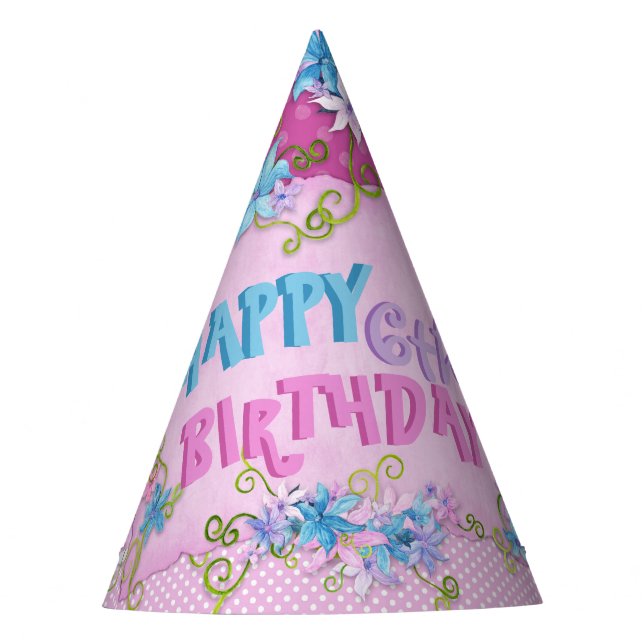 Happy 6th Birthday Floral Pink Purple Polka Dots Party Hat (Front)