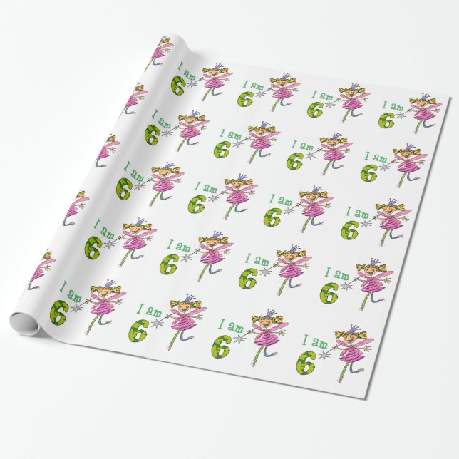 Happy 6th birthday girl (pink princess fairy) wrapping paper (Unrolled)