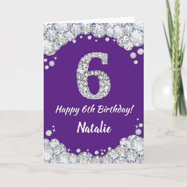 Happy 6th Birthday Purple and Silver Glitter Card (Front)
